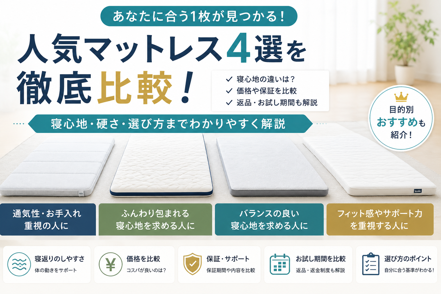 マットレスおすすめ4選を徹底比較!寝心地・硬さ・選び方までわかりやすく解説